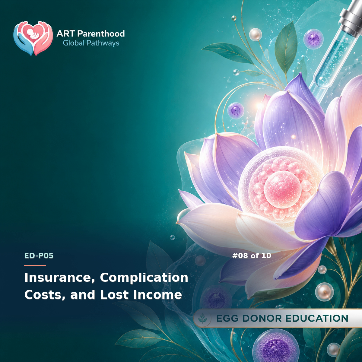 Egg Donors education card for ED-LP05-08: Insurance, Complication Costs, and Lost Income.