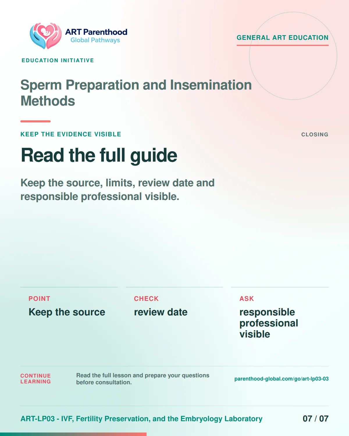 Slide 7 of ART-LP03-03 presents an accessible process map for sperm preparation and insemination methods and its decision boundaries.