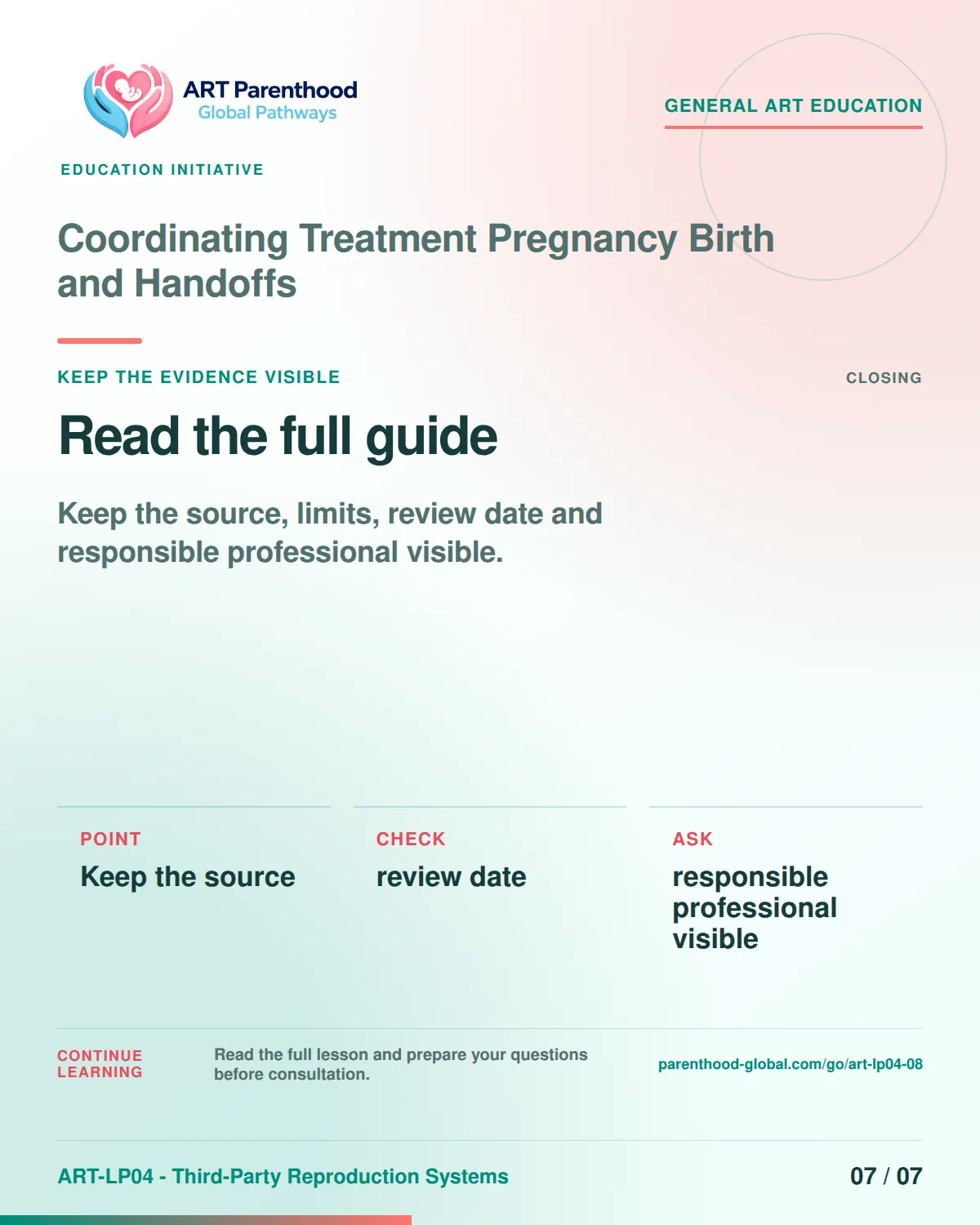 Slide 7 of ART-LP04-08 presents an accessible process map for coordinating treatment pregnancy birth and handoffs and its decision boundaries.