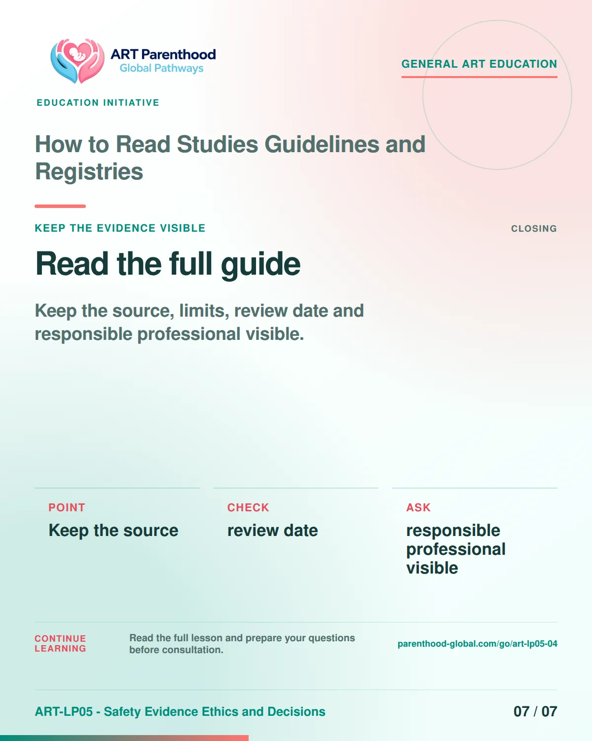 Slide 7 of ART-LP05-04 presents an accessible process map for how to read studies guidelines and registries and its decision boundaries.