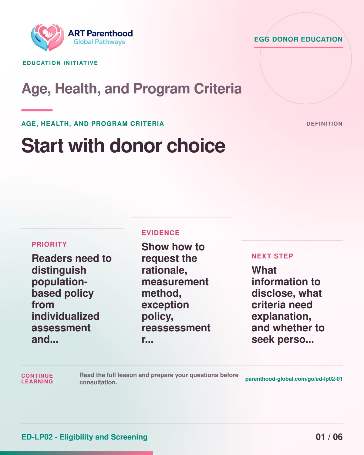 Slide 1 of ED-LP02-01 shows an adult egg donor using a private, informed decision process for age, health, and program criteria.