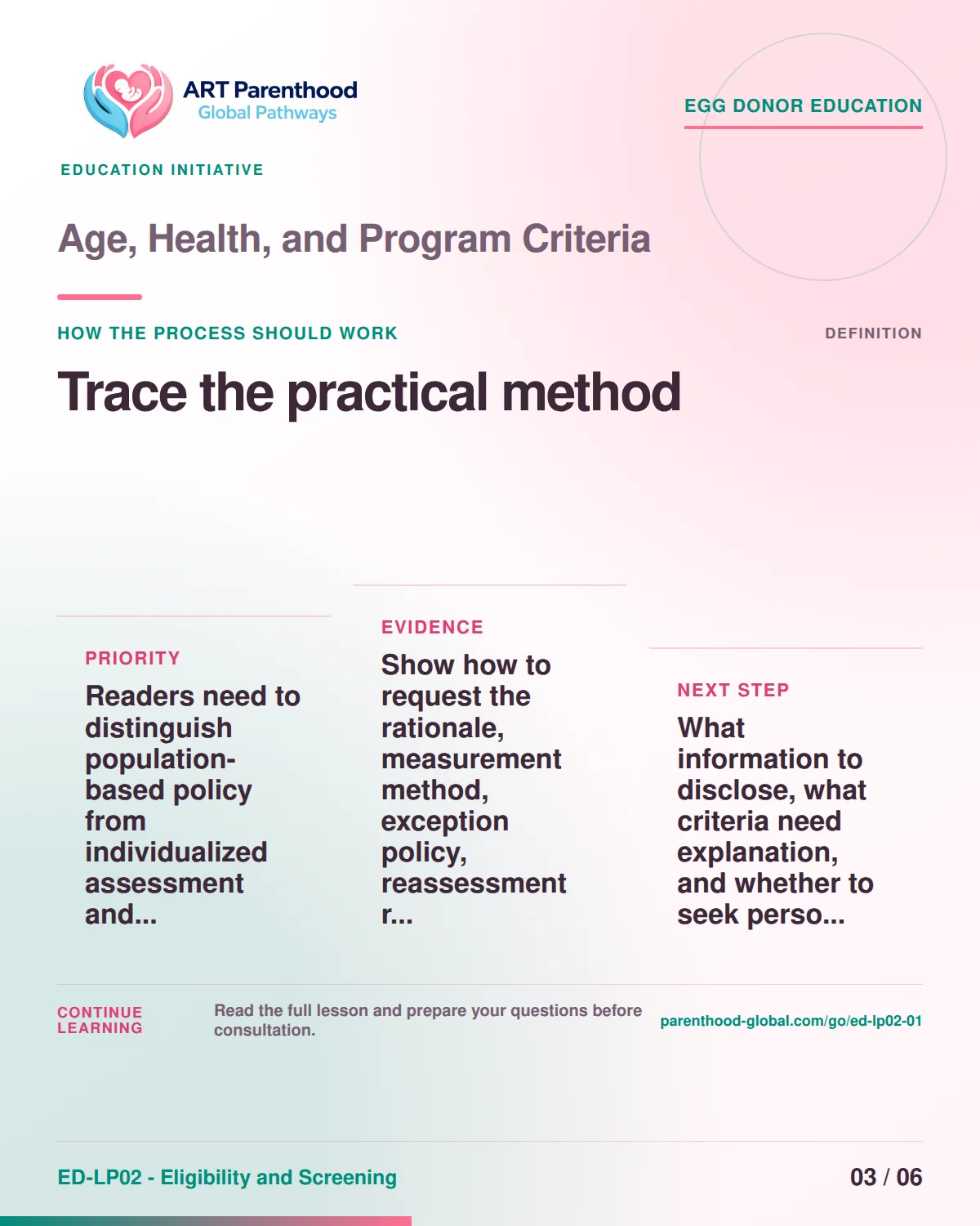 Slide 3 of ED-LP02-01 shows an adult egg donor using a private, informed decision process for age, health, and program criteria.