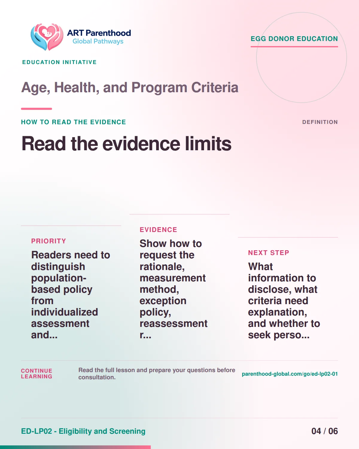 Slide 4 of ED-LP02-01 shows an adult egg donor using a private, informed decision process for age, health, and program criteria.