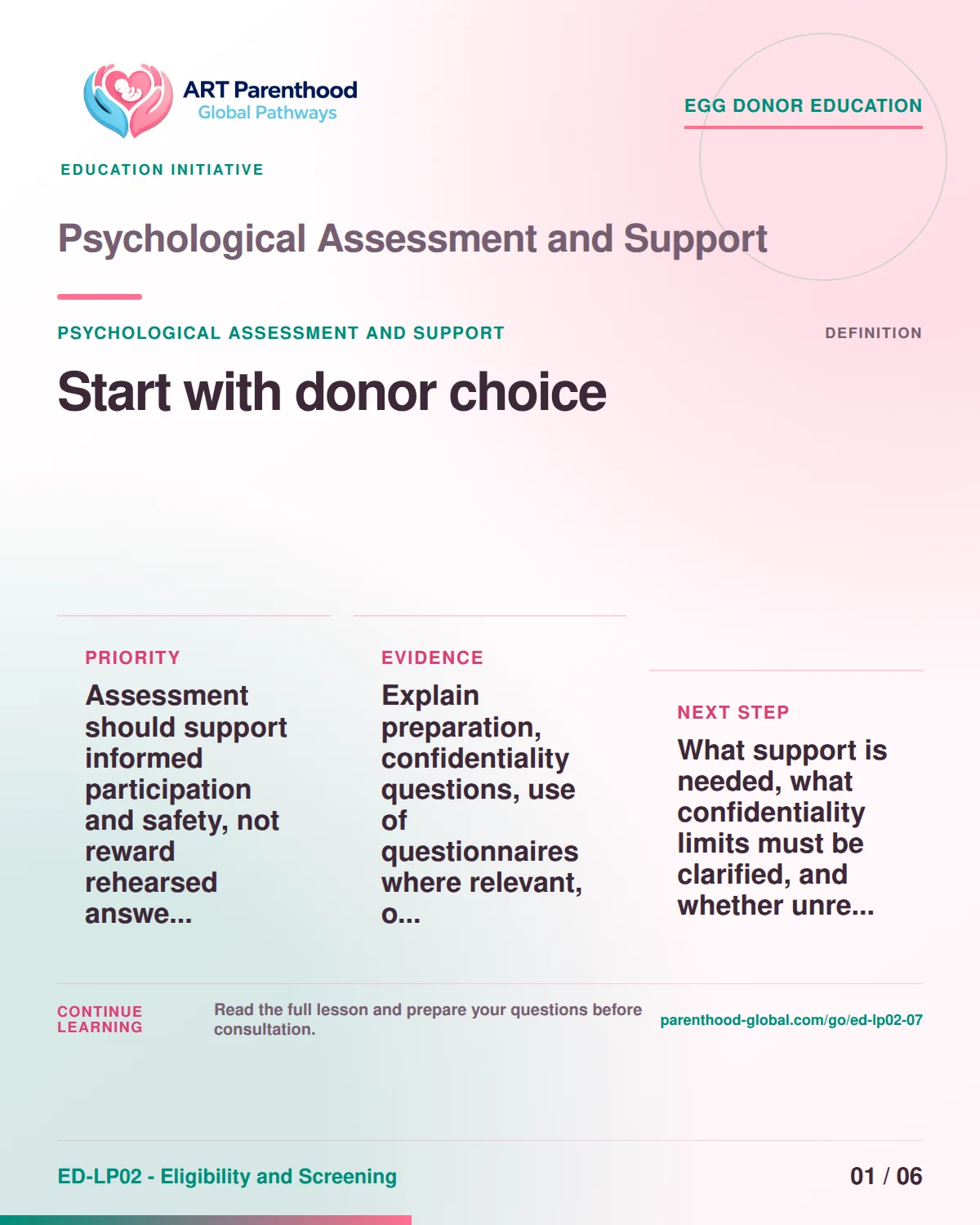 Slide 1 of ED-LP02-07 shows an adult egg donor using a private, informed decision process for psychological assessment and support.
