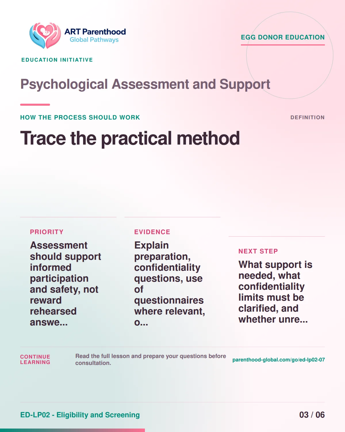 Slide 3 of ED-LP02-07 shows an adult egg donor using a private, informed decision process for psychological assessment and support.