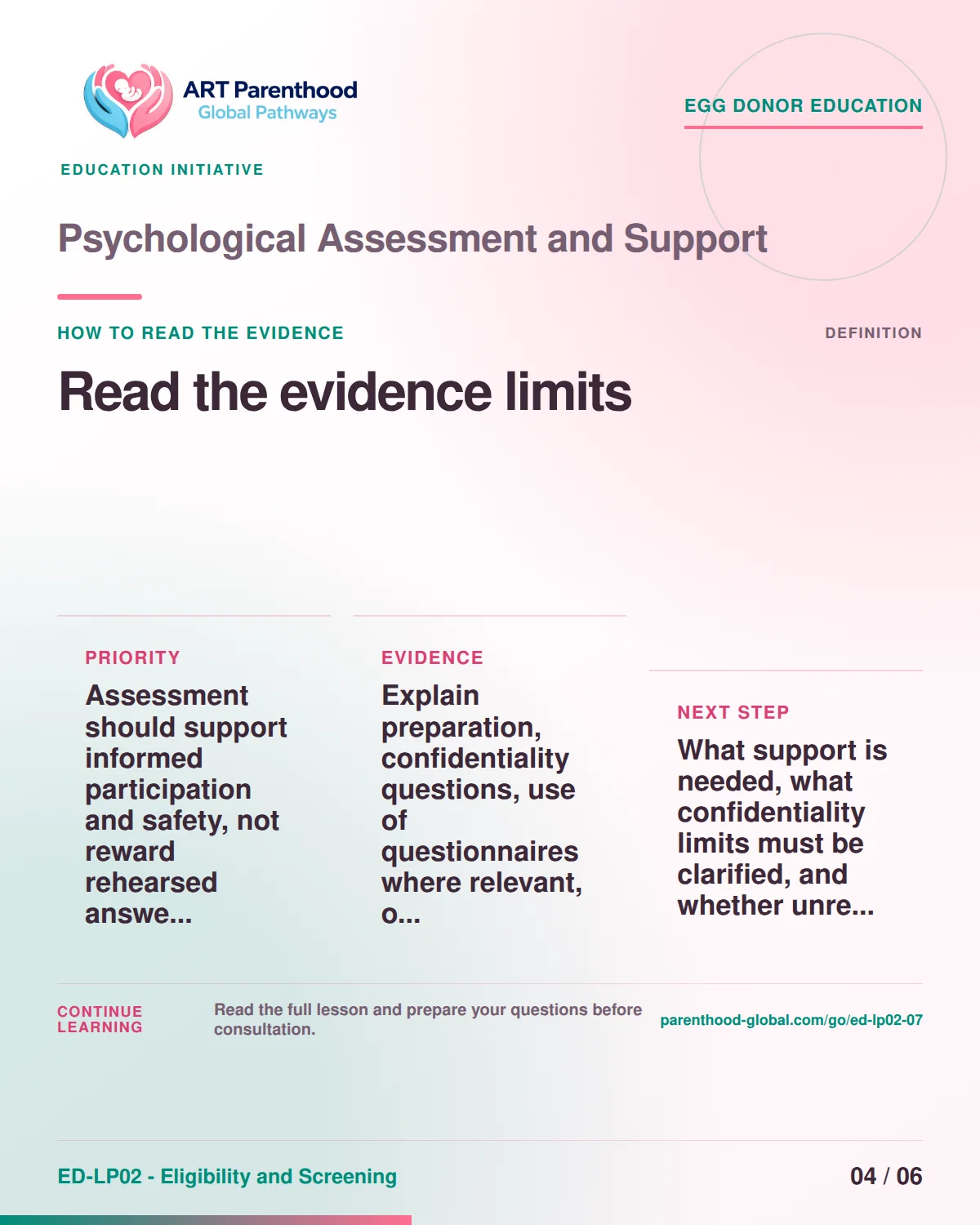 Slide 4 of ED-LP02-07 shows an adult egg donor using a private, informed decision process for psychological assessment and support.