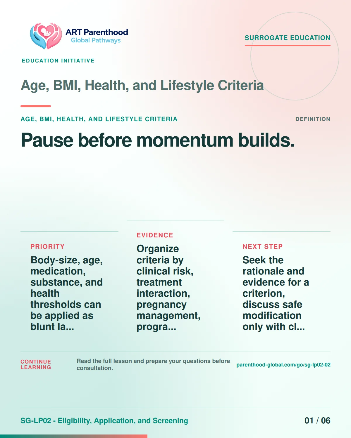 SG-LP02-02 carousel slide 1: Pause before momentum builds. A calm planning visual supports surrogate autonomy without implying eligibility, pregnancy or a guaranteed outcome.