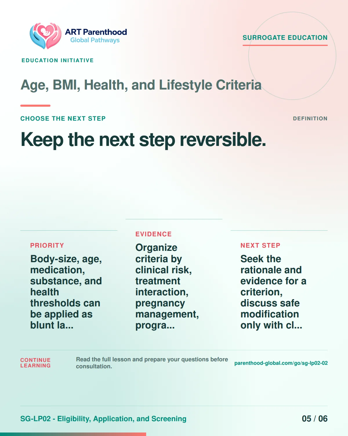 SG-LP02-02 carousel slide 5: Keep the next step reversible. A calm planning visual supports surrogate autonomy without implying eligibility, pregnancy or a guaranteed outcome.