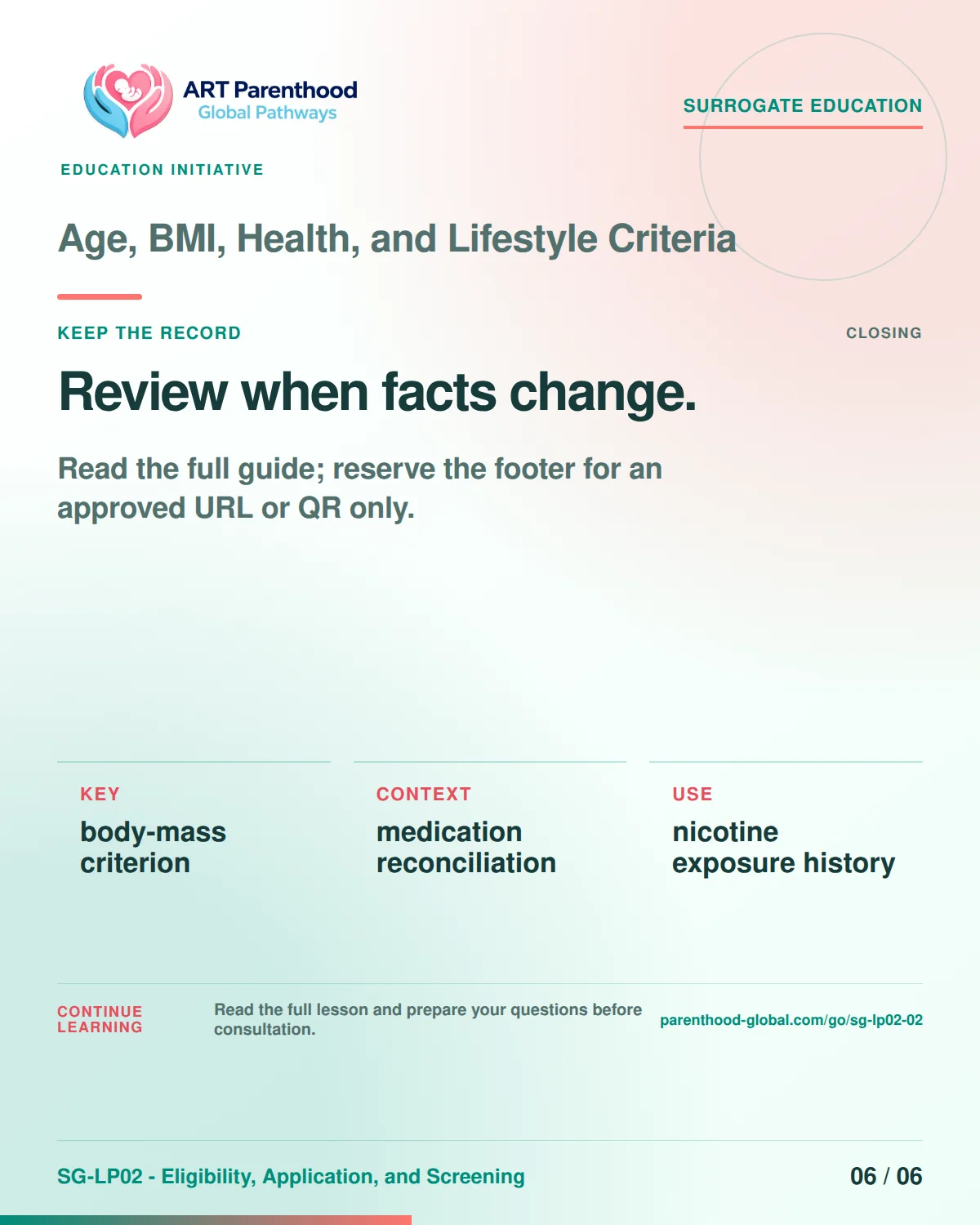 SG-LP02-02 carousel slide 6: Review when facts change. A calm planning visual supports surrogate autonomy without implying eligibility, pregnancy or a guaranteed outcome.