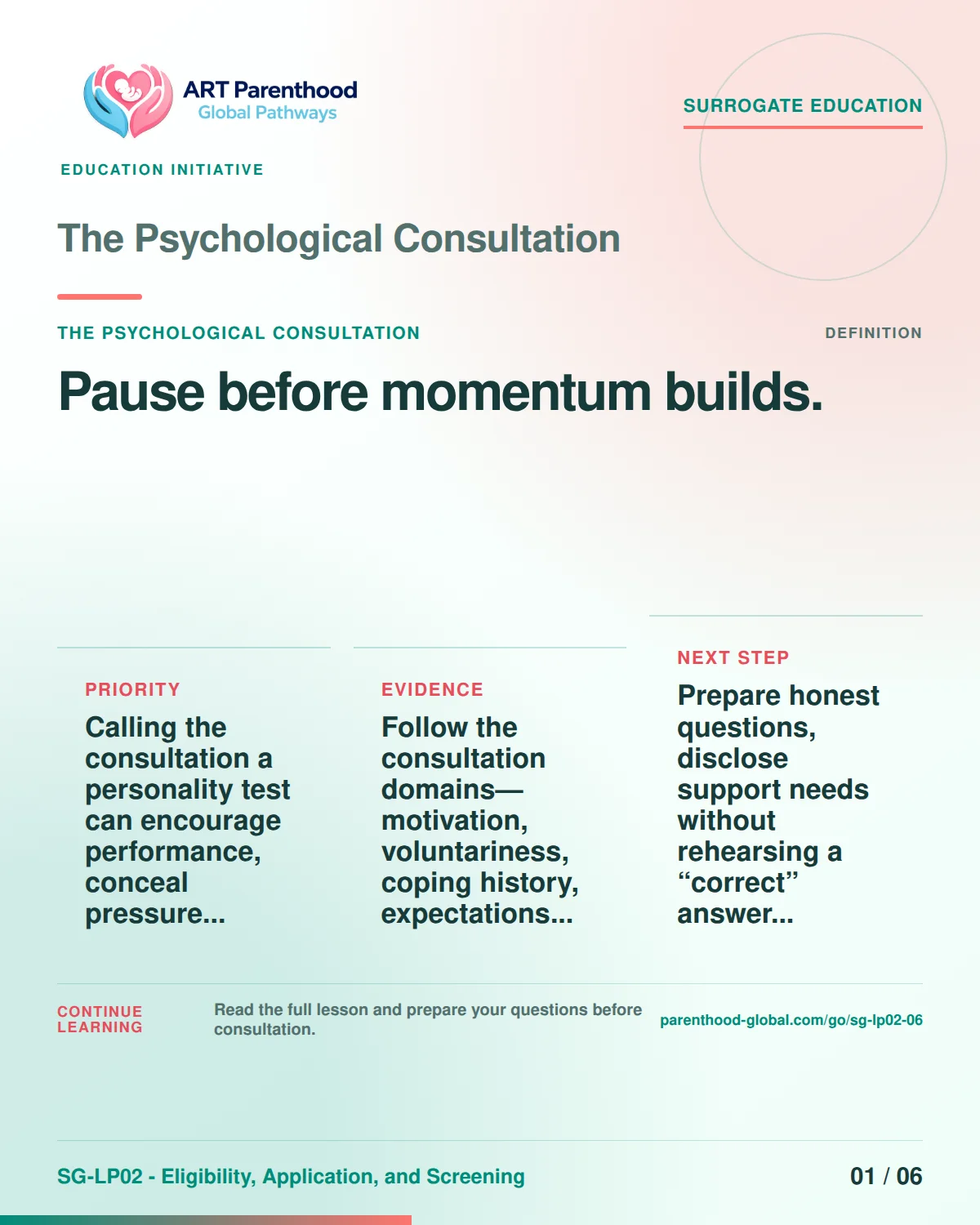 SG-LP02-06 carousel slide 1: Pause before momentum builds. A calm planning visual supports surrogate autonomy without implying eligibility, pregnancy or a guaranteed outcome.