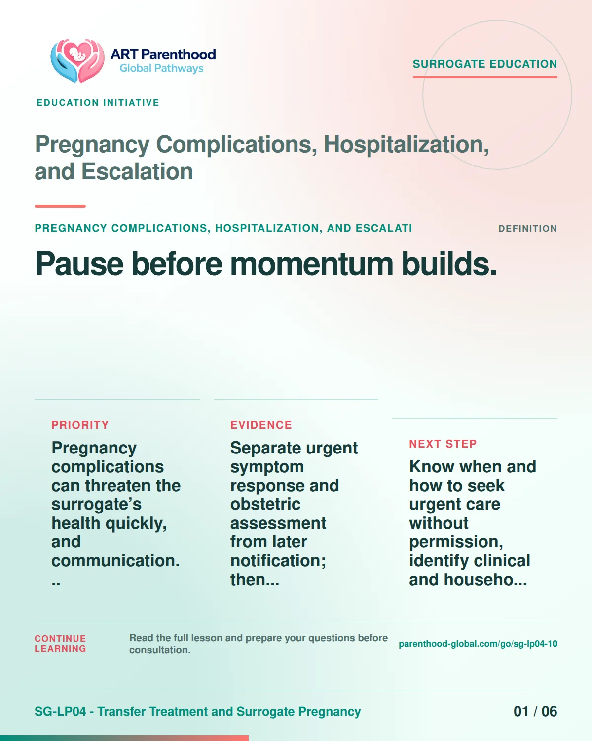 SG-LP04-10 carousel slide 1: Pause before momentum builds. A calm planning visual supports surrogate autonomy without implying eligibility, pregnancy or a guaranteed outcome.