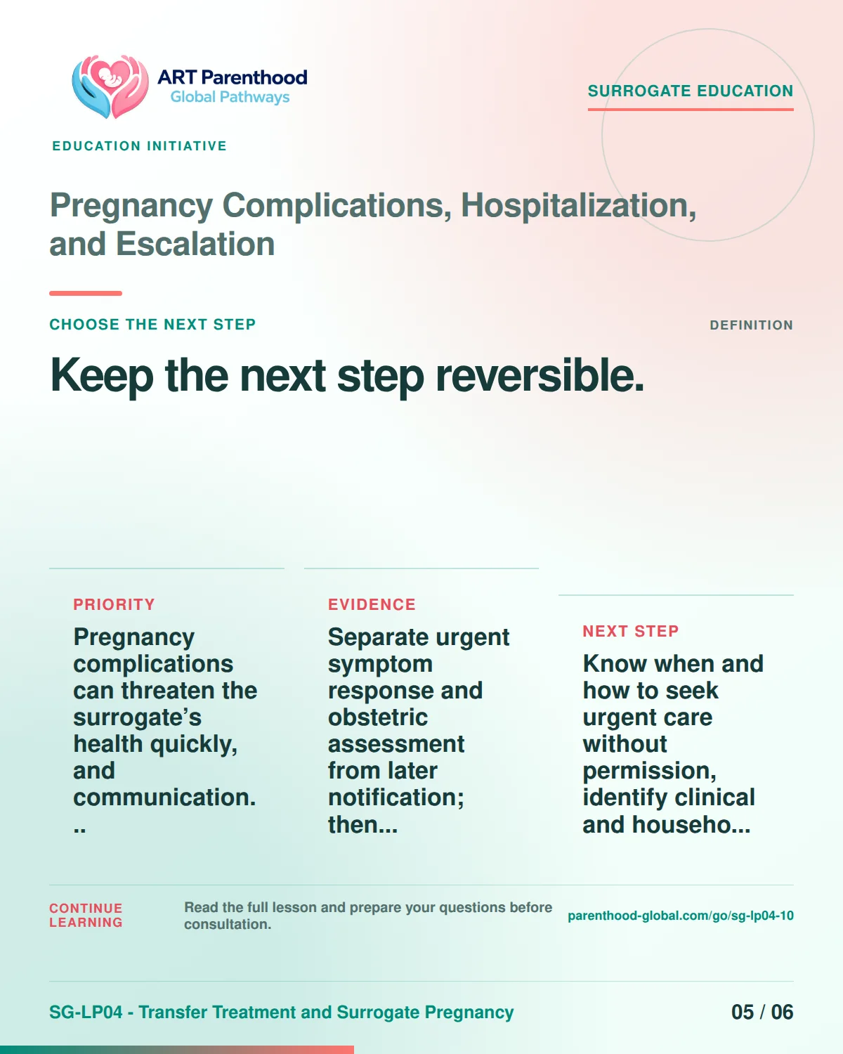 SG-LP04-10 carousel slide 5: Keep the next step reversible. A calm planning visual supports surrogate autonomy without implying eligibility, pregnancy or a guaranteed outcome.