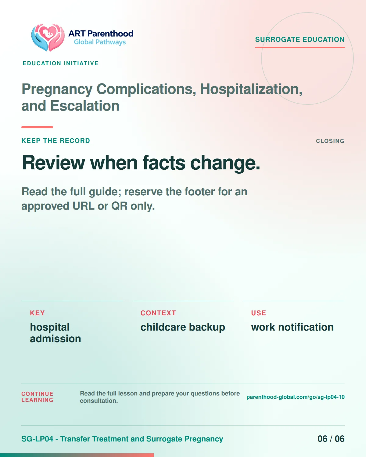 SG-LP04-10 carousel slide 6: Review when facts change. A calm planning visual supports surrogate autonomy without implying eligibility, pregnancy or a guaranteed outcome.