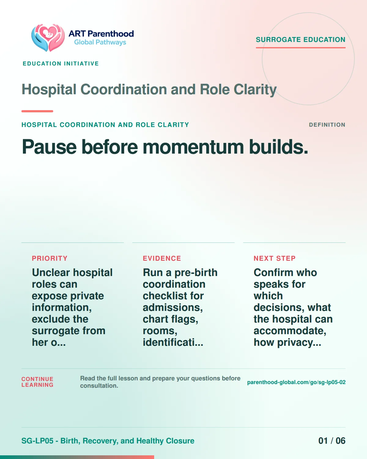 SG-LP05-02 carousel slide 1: Pause before momentum builds. A calm planning visual supports surrogate autonomy without implying eligibility, pregnancy or a guaranteed outcome.