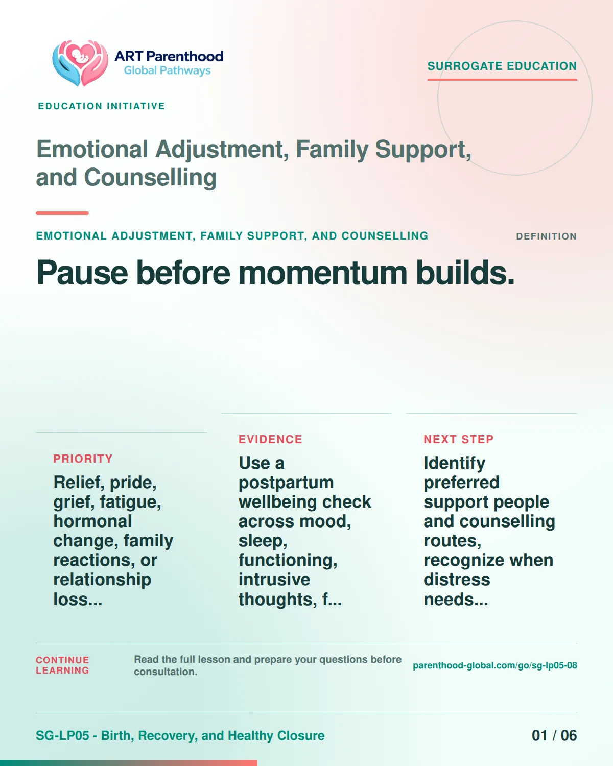 SG-LP05-08 carousel slide 1: Pause before momentum builds. A calm planning visual supports surrogate autonomy without implying eligibility, pregnancy or a guaranteed outcome.