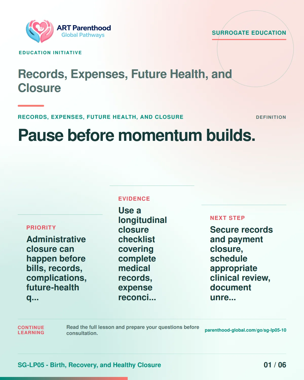 SG-LP05-10 carousel slide 1: Pause before momentum builds. A calm planning visual supports surrogate autonomy without implying eligibility, pregnancy or a guaranteed outcome.